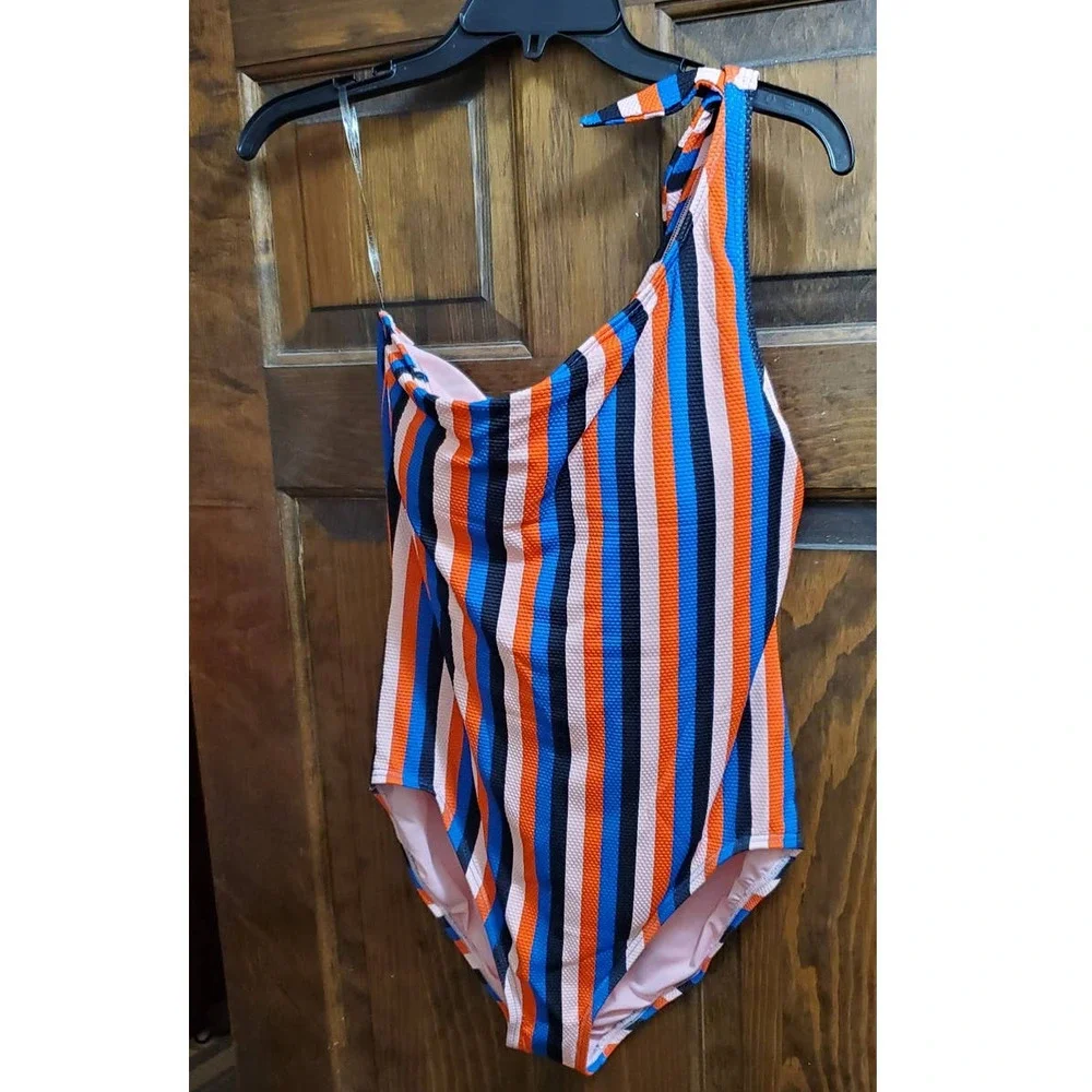 NWT! KATE SPADE Colorful Stripe Stretchy One-Shoulder One Piece Swimsuit XL - Picture 4 of 10